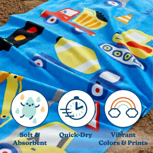 Sun Sprouts 100% Cotton Beach Towel Toy Trucks Pattern For Kids & Toddler. Bath, Pool, Camping, Travel Towel For Boys & Girls. 30” X 60” Quick-Dry & Super Absorbent Beach Blanket #TOP3