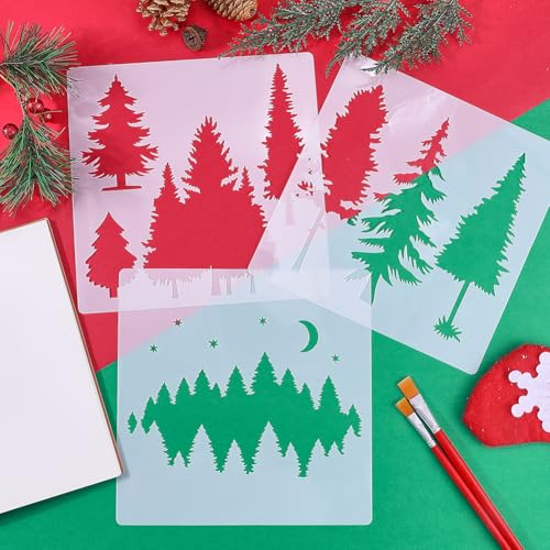 GORGECRAFT 9Pcs Christmas Tree Plastic Stencil Pine Drawing Template Winter Holiday Fir Trees Woodland Painting Templates for DIY Art Crafts Furniture Canvas Wood Home Decoration 19.8x19.9cm - Image 4