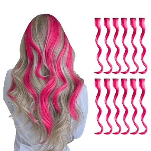 12 Stück 20 Zoll Magenta Clip-In Haarverlängerungen, lange glatte Kunsthaare für Zöpfe, Festival-Haaraccessoires für Frauen und Mädchen (Hot Pink)