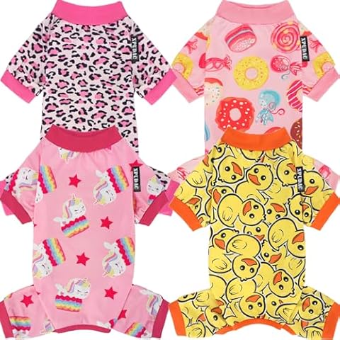 XPUDAC 4 Pack Dog Pajamas Soft Strechy Duck Pink Print Dog Clothes for Small Medium Dogs Girl Boy Cat Apparel-Large Cover
