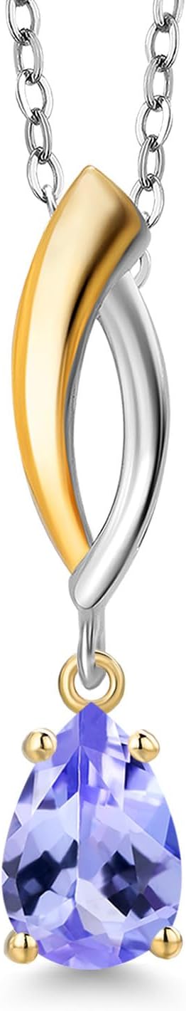 Gem Stone King 925 Silver and 10K Yellow Gold Blue Tanzanite Pendant Necklace for Women | 0.66 Cttw | Gemstone December Birthstone | Pear Shape 7X5MM | With 18 Inch Silver Chain