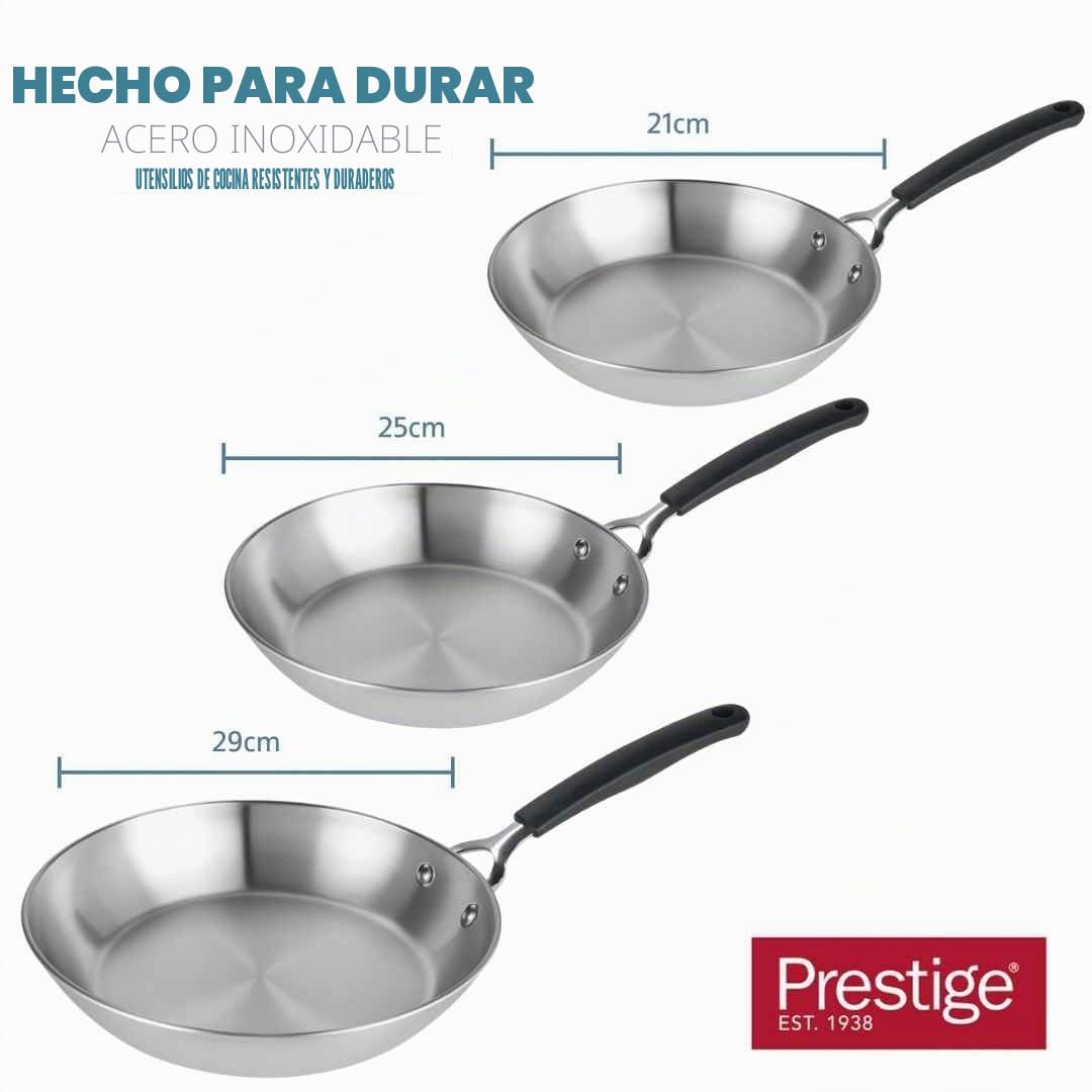 Prestige Juego de sartenes de acero inoxidable sin revestimiento hechas para durar, 21 cm, 25 cm, 29 cm, no tóxicas, compatibles con inducción, aptas para lavavajillas y horno
