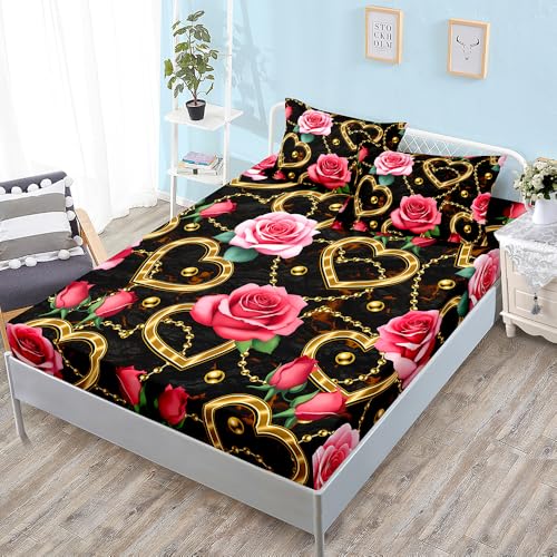 Bed Sheets Rosa Marrón Dorado Sabana Bajera Transpirable Cubre Colchon 90x190 Microfibra Juego de Cama Suave Funda Colchon Lavable Funda Colchón 90x190 30cm Profundidad