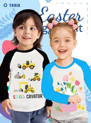 Tkria Boys Girls Easter Day Bunny Egg Hunt Shirts Raglan Long Sleeve Monster Truck Excavator Gnome Rainbow Top for Kid 2-10T4