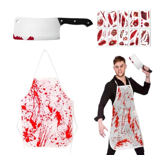 WUSJCOF 3 piezas Carnicero de Halloween, Delantal sangriento, Accesorios de terror con tatuajes de cicatrices de zombie, Disfraces para hombres, Fiesta de Halloween, Decoracion y Accesorios Halloween