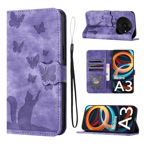 LSPCASA Custodia Per Xiaomi Redmi A3 6.71 Pollici Materiale In Pelle PU Cover Redmi A3 Con Slot Per Schede Reticolo Della Farfalla Del Gatto Protettiva Case Viola