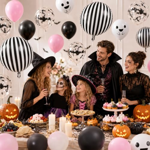 Image of Pink Black Halloween Balloons with Bat, Ghost Prints Stripe foil Balloon