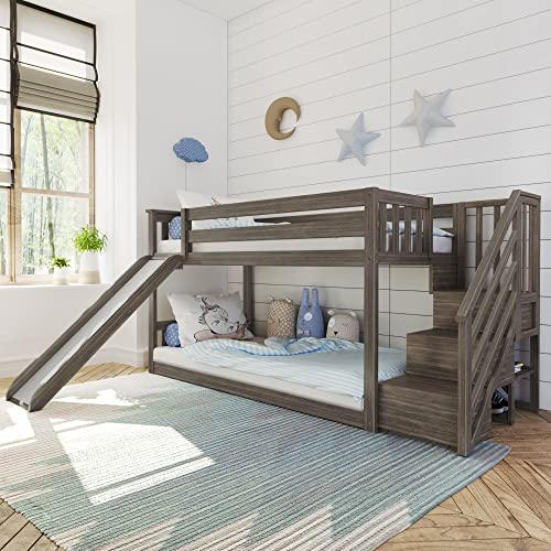 Twin Over Twin Low Bunk Bed with Staircase and Slide, Clay