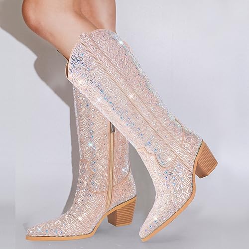 richealnini Sparkle Rhinestone Cowgirl Cowboy Boots for Women Pull On Diamante Heeled Bootes3