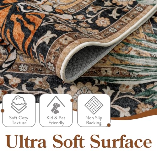 Moynesa Tiger 8x10 Area Rug, Washable Boho Rugs for Living Room, Vintage Large Soft Dining Room Rug, Non Slip Ultra Thin Stain Resistant Floor Carpet for Home Office Bedroom, Camel
