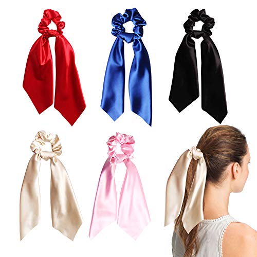 CODOHI 5 Packs Solid Hair Scrunchies Satin Bowknot Ties Ponytail Bow Accessories Assorted Colors Ponytail Holder Hair Tie for Girls Women - Hair Scarf (Style 1)