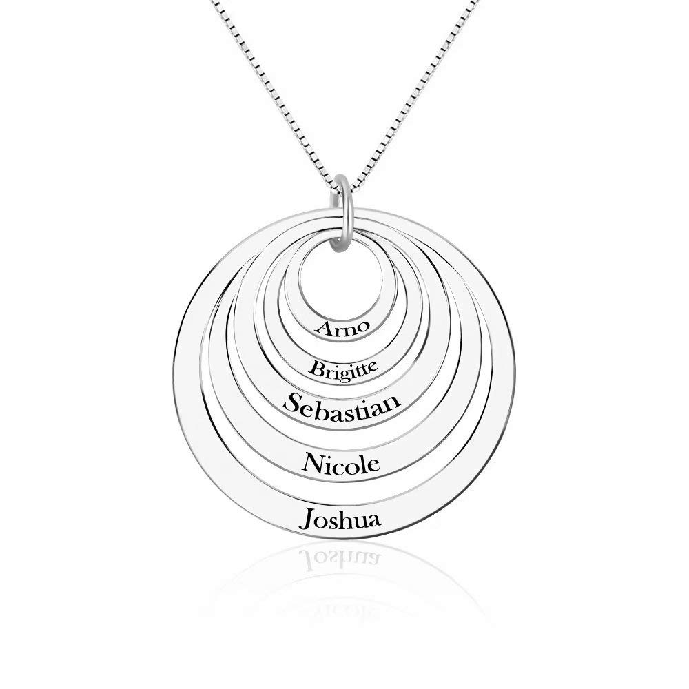 Grancey925 Sterling Silver Personalised Mother Name Necklace with 5 Children Names Engraved Family Name Necklace for Mom Customized Round Ring Pendant for Women Christmas