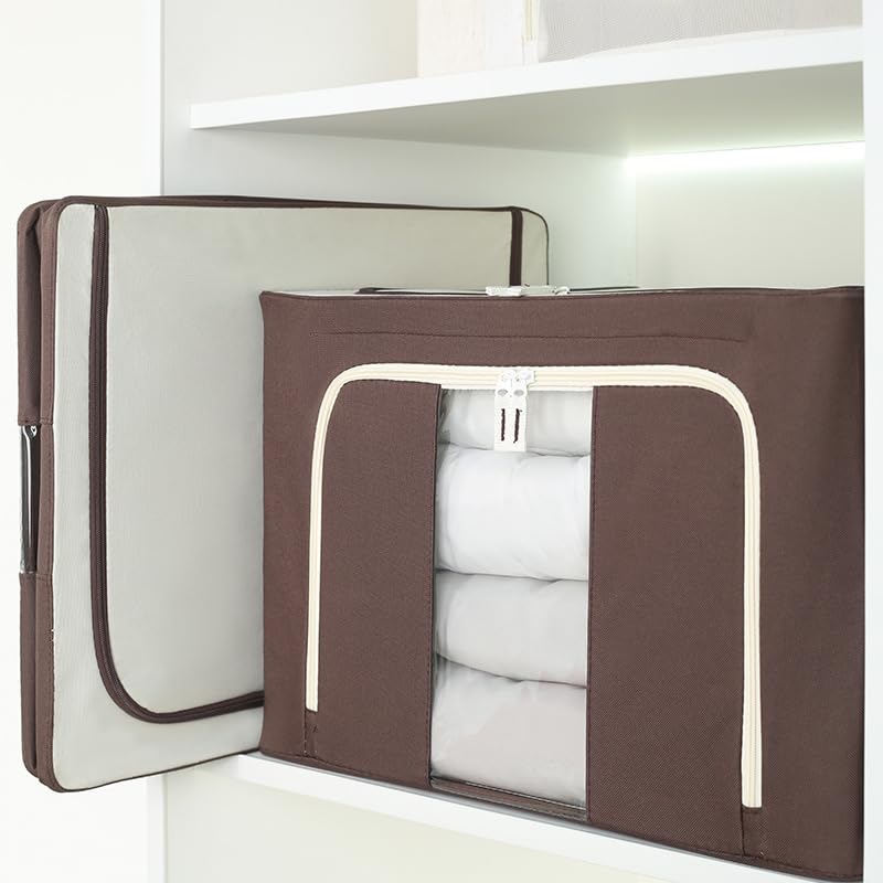 Scatola portaoggetti pieghevole con finestra trasparente, 50 x 40 x 33 cm, organizer per vestiti con cerniera (marrone)