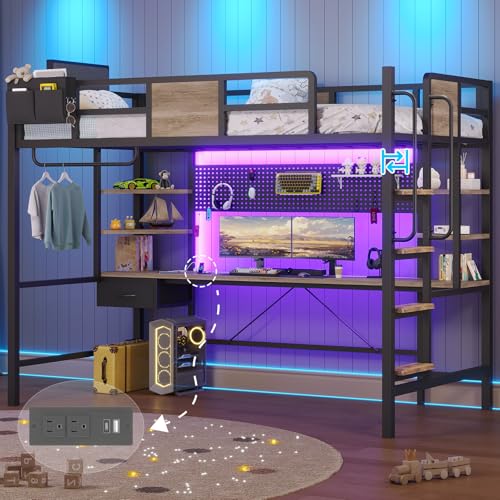 Loft Bed with Desk, Twin Bunk Bed with Desk Underneath,Loft Bed with Stairs,LED Lights and Charging Station,Safety Guard & Ladder & Fabric Drawer, loft Bed Twin Size No Box Spring Needed, Oak Gray