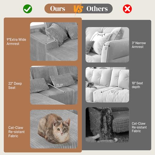 Image of 110 inch L Shaped Cloud Boneless Sectional Couches for Living Room, Modern Comfy Modular Deep Seat Memory Foam Compressed Corduroy Sofa Oversized Left Facing Chaise, No Assembly Required, Grey