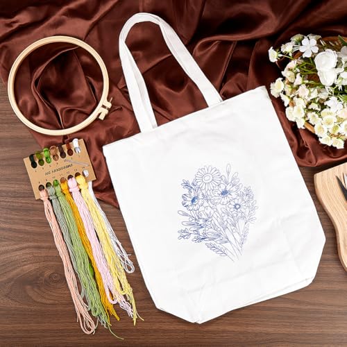 Image of GORGECRAFT Pattern Canvas Tote Bag Embroidery kit Instructions Bags Bamboo Hoops Tools Arts Supplies Needlepoint Needle Thread Handy Sewing Set Starter Kits for DIY Crafting Beginners Women Adults