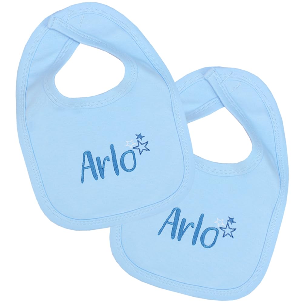 TeddyT's Personalised Baby Boys Blue Cotton Bib with Stars Embroidery (2 Bibs)