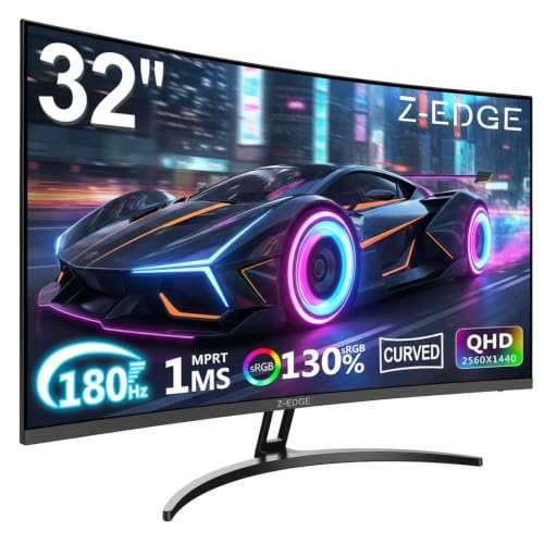 Z-Edge 32 Inch QHD Curved Gaming Monitor 180Hz 1440P 2K 1ms MPRT 16:9 1500R Curved Screen VA Panel 280cd/m Brightness Ultra-Thin Bezel FreeSync DisplayPort 1.4 & HDMI 2.0 Black