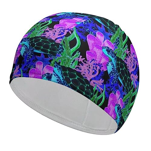 Swim Cap Long Hair Breathable Water Cap Fashion Diving Cap for Water Sport Surf Diving Cap for Girls Kids (Watercolor Blue Sea Turle)