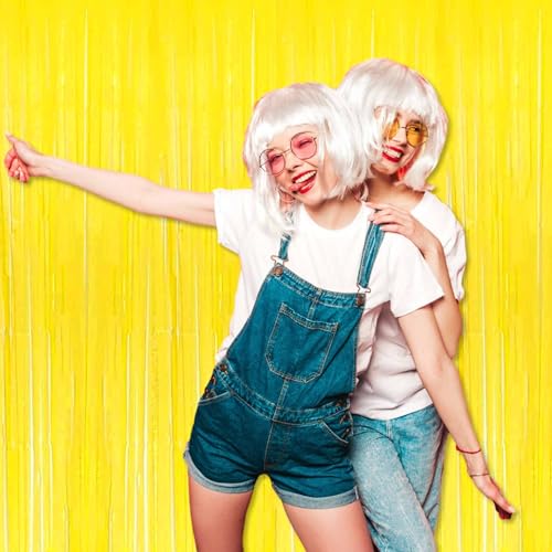 Image of 3 Pack Macaron Yellow Foil Fringe Curtains Backdrop, 3.28 x 9.8 Ft Metallic Streamers Tinsel Curtains Background for Photo Booth, Birthday, Halloween, Christmas, New Year Party Decorations