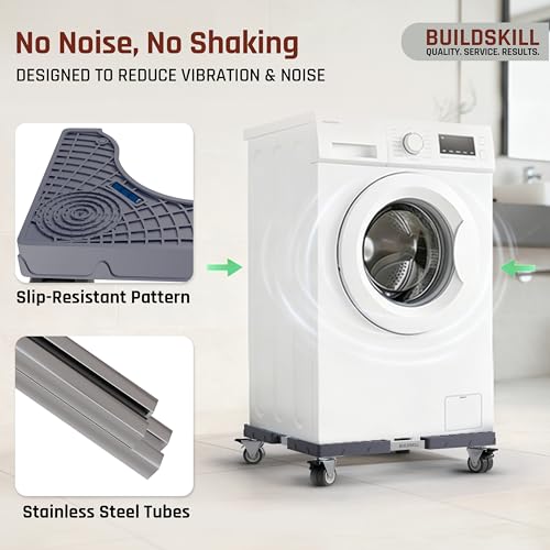 Image of BUILDSKILL 200Kg Washing Machine Stand Adjustable | SS Tubes | 360 Rotating Double Wheels with Lock | Absorbs Vibration | Anti-Skid Top & Front Load Washing Machine Trolley (Grey)