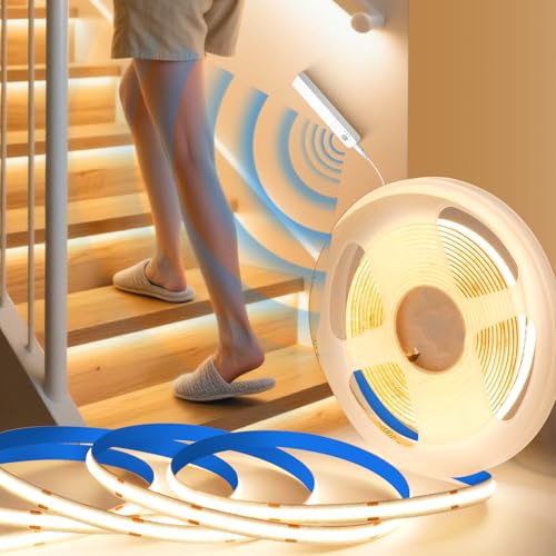 BRIMETI LED Streifen COB Mit Bewegungsmelder LED Band Selbstklebend Batterie 5V 8mm Breite 320LEDs/M Dimmbar Flexibel Schneidbar Licht Band DIY für Schrank Bett Flur 5M Warmweiß 3000K