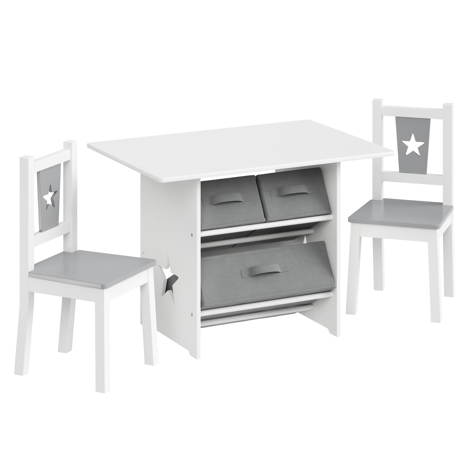 WOLTU Kindersitzgruppe, 1 Kindertisch und 2 Stühle, Kindertisch mit Stauraum, Kindermöbel Set aus Holz, mit 3 Aufbewahrungskörben, Sitzgruppe für Kinder, Grau + Weiß