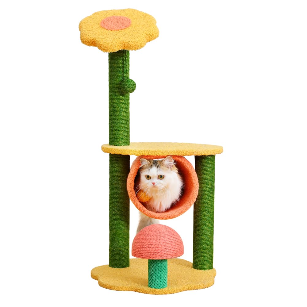 4 in 1 Cat Tree, 35.4 Inches Cute Sunflower Cat Tower with Fully Scratching Posts, Jumping Platform, Sisal Mushroom Ball, Tunnel, Interactive Balls for Indoor Cats Kittens