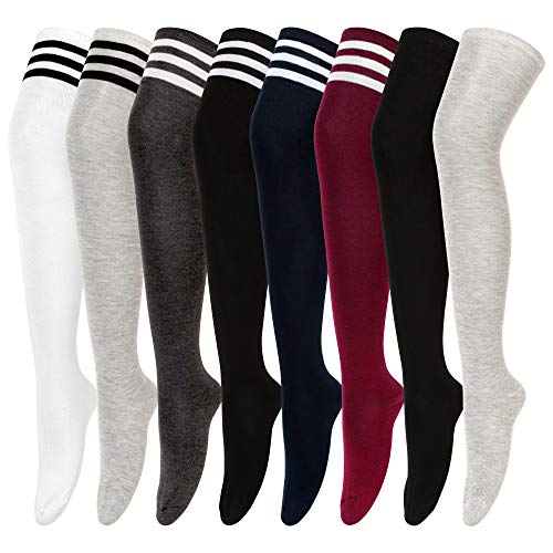 8 Pairs Womens Thigh High Socks Cotton Over the Knee Long Socks for Women