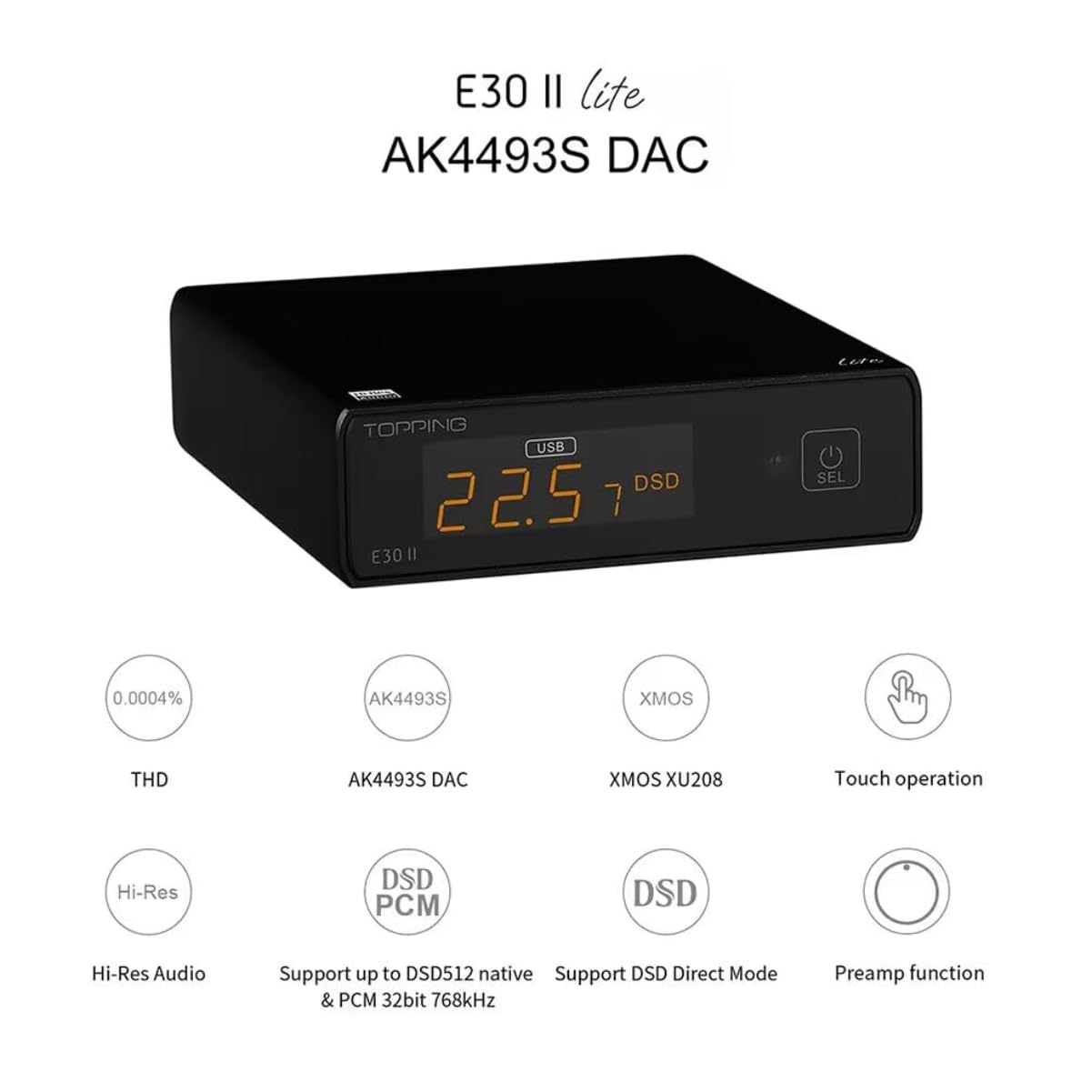 Topping E30II Lite USB DAC: AK4493S XMOS XU208 DSD512 PCM32bit/768kHz DAC, ingresso USB/OPT/COAX Convertitore D/A HiFi Audio Preamp DAC (Nero)