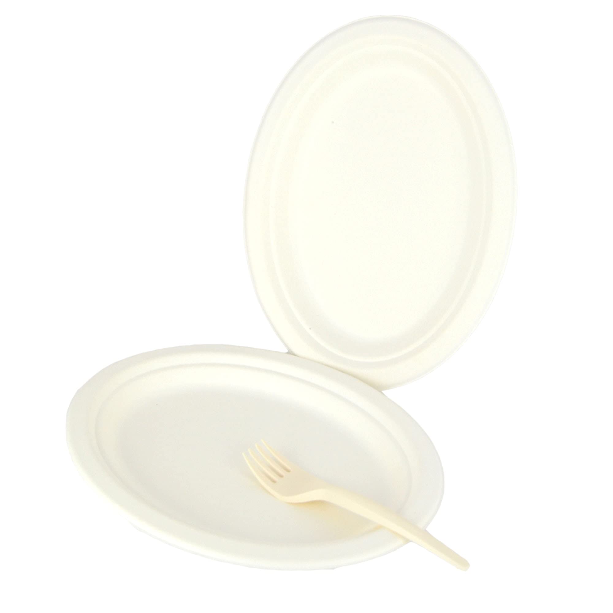 50 platos ovalados de 26 x 20 cm + 50 tenedores de 17 cm, beige, ideal para fiestas, cumpleaños, eventos y aperitivos.