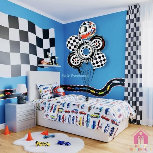 Image of Party Warehouse Helmet + Tyres Balloon Set - Includes Racing Helmet, Big Tyre 32 Inch, 2 Tyres & 2 Chequered Foil Balloons | Elegant Racing Theme | Must-Have Essential for Party Decor