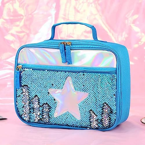 Aoutacc BLUE STAR Handheld Lunch Box, Reusable Insulated Flip Sequins Lunch Tote Bag, Handheld Box Roomy Carry Bag Lunchbox Gifts For Women,Glittering Shining Travel Meal Tote Kit thumb #5