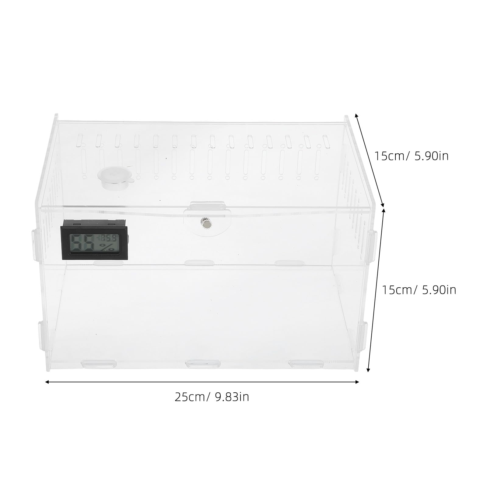 Terrario per rettili con termometro e igrometro digitale - 25x15x15 cm, acrilico trasparente a 360° con ventilazione per lucertole, serpenti e ragni.