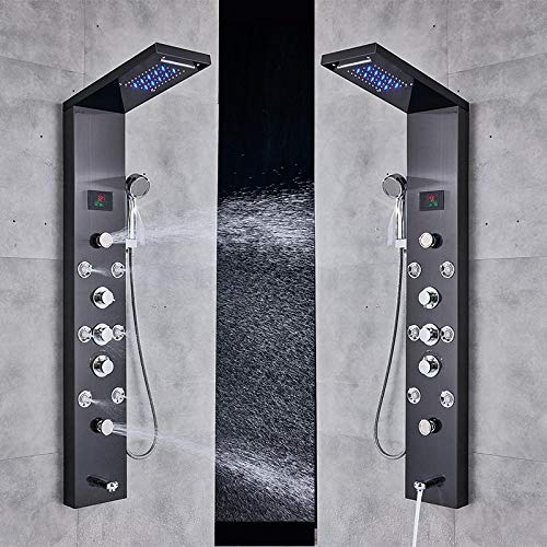 Columna de ducha hidroeléctrica con pantalla LCD, luz LED, efecto cascada y tres manetas (negro) miniatura 4