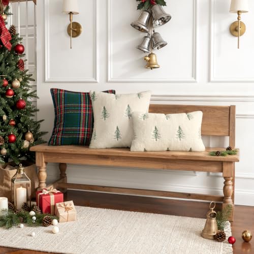 Image of MIULEE Christmas Decorative Faux Fur Pillow Covers 18x18 Inch Beige Green | Set of 2, Embroidered Christmas Tree Throw Pillows, Winter Couch Covers, Festive Home Decor for Sofa Bedroom Living Room