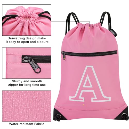 Image of HOLYLUCK Drawstring Bags Initial Backpack Sackpack Cinch Bags for Sports, Gym, Travel, Beach (Pink-A)