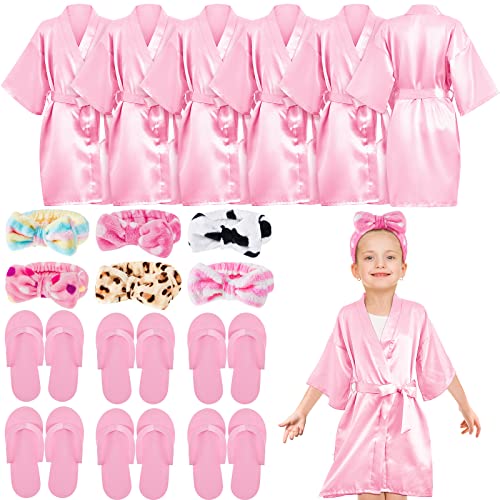 Jecery 18 Pcs Spa Party Supplies for Girls 6 Satin Kimono Robe 6 Spa Headband 6 Disposable Foam Pedicure Slippers