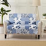Great Bay Home Reversible Patchwork Loveseat Cover - Washable Slipcover Furniture Protector with Elastic Straps - Perfect for Kids & Pets - Box-Stitched Detail (Navy)
