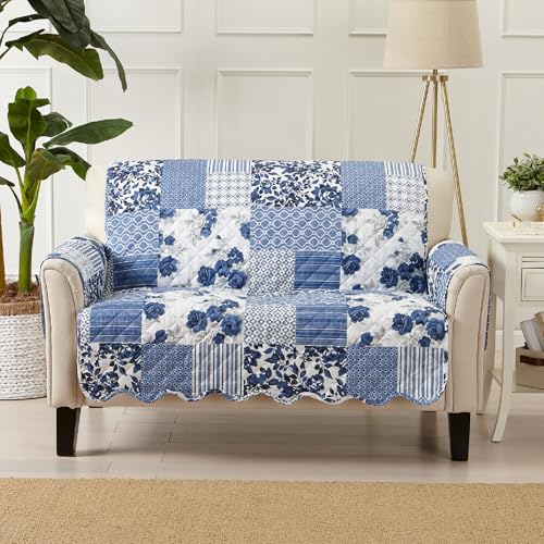 Great Bay Home Reversible Patchwork Loveseat Cover - Washable Slipcover Furniture Protector with Elastic Straps - Perfect for Kids & Pets - Box-Stitched Detail (Navy) Great Bay Home Reversible Patchwork Loveseat Cover - Washable Slipcover Furniture Protector with Elastic Straps - Perfect for Kids & Pets - Box-Stitched Detail (Navy)