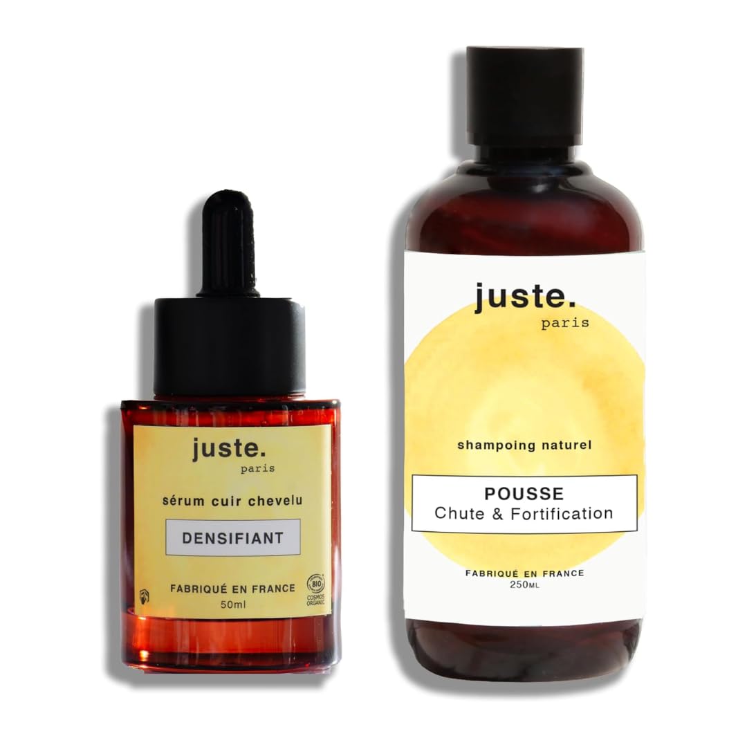 JUSTE PARIS Routine Anti-Chute & Pousse Cheveux – Shampoing Fortifiant 250 ml + Sérum Densifiant Bio – Densité, Croissance & Cheveux Plus Forts – Femme & Homme – Fabriqué en France