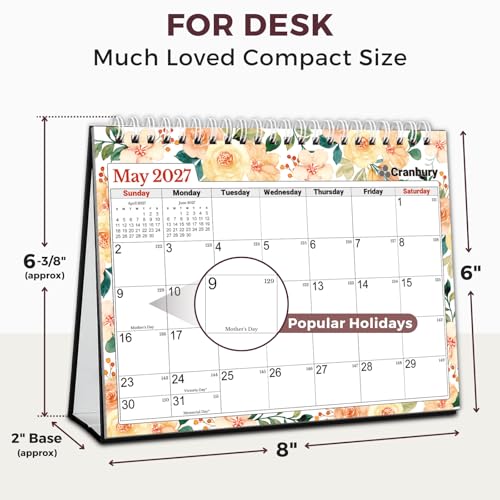 Image of CRANBURY Small Desk Calendar 2026-2027 Standing Flip, July 2026 to Dec 2027, 8x6 Desktop Calendar with Stickers, 18 Months Desk Planner for School & Office, Spiral Bound, Floral Design