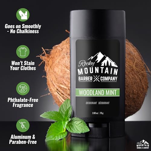 Image of Rocky Mountain Barber Company Woodland Mint Natural Deodorant, 2 x 2.65 oz | Made in the USA, Aluminum & Paraben-free, Plant-Based Ingredients & Peppermint Essential Oil, Daily Underarm Use, 2-Pack