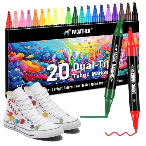 Fabric Markers Permanent for Clothes, 20 Colors Dual Tip with Fine and Chisel Tips Paint Pens for Clothing Canvas Tote Bags T-Shirt and Shoes, Non Toxic Ink for Kids and Adults