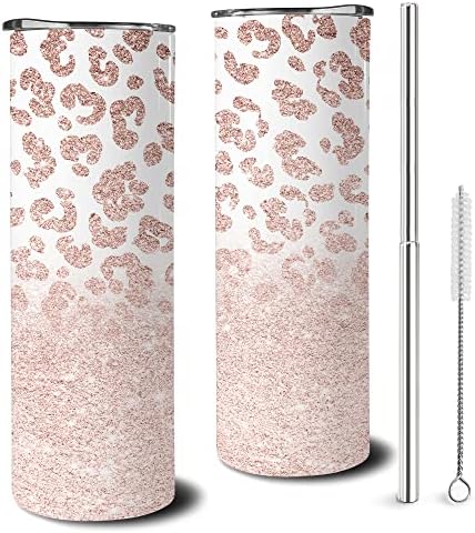 Heqianco Leopard Skinny Tumbler with Straw and Lid 20 oz Double Wall Stainless Steel Vacuum Insulated Coffee Wine Tea Travel Mug Gifts for Women Pink