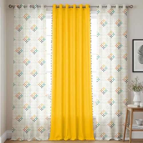Image of Urban Space Floral 100% Cotton Curtains For Door, Combo Set Of 3 Curtains 7 Feet Long, 60-65% Room Darkening Curtain, Tieback & Eyelets Included With Curtains For Home Decor (Mosaic Yellow, 7 Feet)
