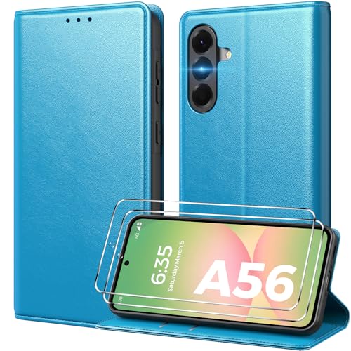 Peakally Funda para Samsung Galaxy A56 con Tapa y 2 pcs Protector Pantalla, [Ranura para Tarjeta] Funda Libro Carcasa para Samsung A56 5G PU Case [Función Soporte], Azul Brillante