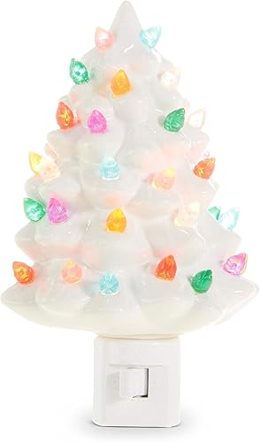 RAZ Imports Luz nocturna de árbol blanco vintage, 6 pulgadas de altura, cerámica y plástico, Navidad, decoración del hogar