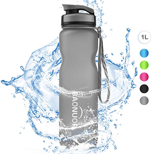BAONUOR Trinkflasche 1L, [BPA Frei ] Tritan Wasserflasche Auslaufsicher Sportflasche 1000ml für Fahrrad, Gym, Fitness, Camping, Uni, Yoga,Outdoor,Grau