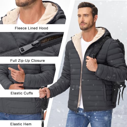 Image of Cotrasen Mens Puffer Jacket Sherpa Lined Water Resistant Hooded Full Zip Mid-Weight Warm Insulated Winter Coat